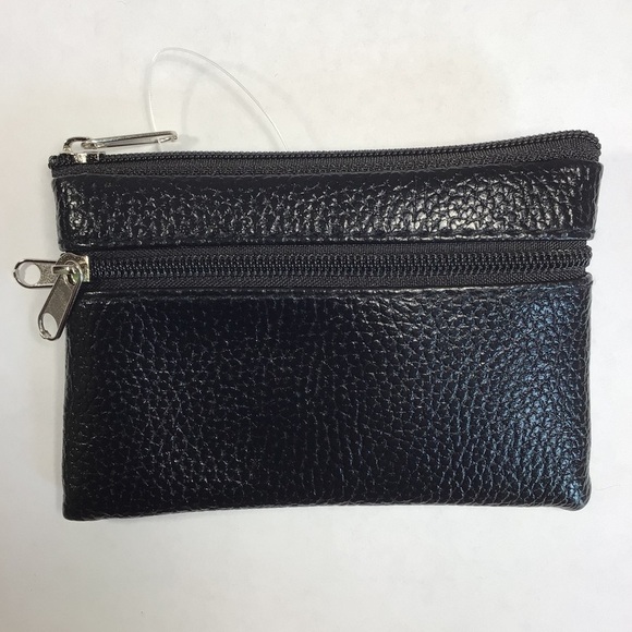 Handbags - Black Vegan Leather Zippered Coin Purse Wallet Mini Clutch